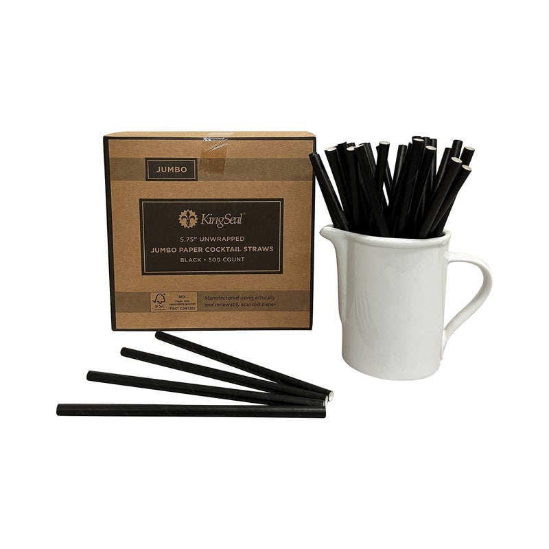 KingSeal 500 Count | Kingseal FSC Certified Paper Cocktail Straws, Stirrers, Unwrapped, 5.75 Inch Length x 6mm Diameter, BLACK, "Jumbo" Size, Biodegradable, Earth Friendly, Bulk Pack - 1 Box of 500 - Image 1